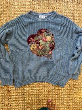 Upcycled Dusty Blue Patchwork Sweater with Floral Heart Applique